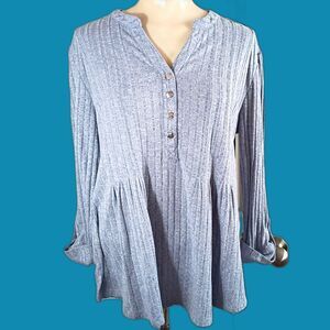 Cocomo Blue and Silver V Neck Swing Sweater Ribbed Button Up Roll Tab Sleeve L